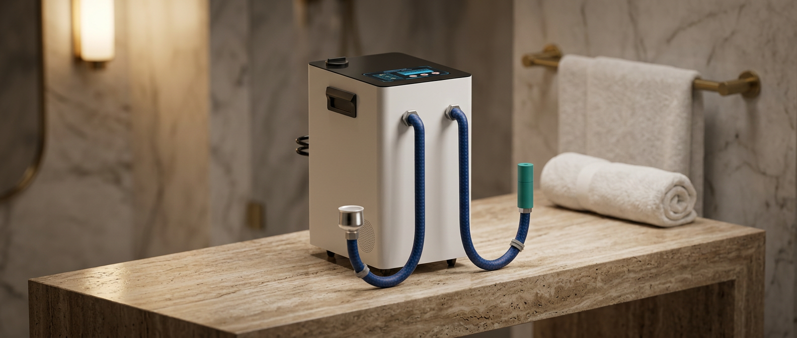 A calm, warmly lit private bathroom with the Bath One™ hydrogen system.