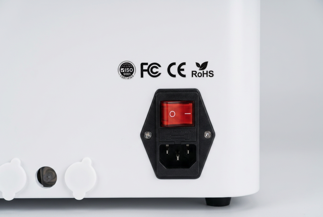 Certification marks (ISO 9001, FCC, CE, RoHS) printed above the power switch on the rear panel of a Hydrogen Wellness™ unit