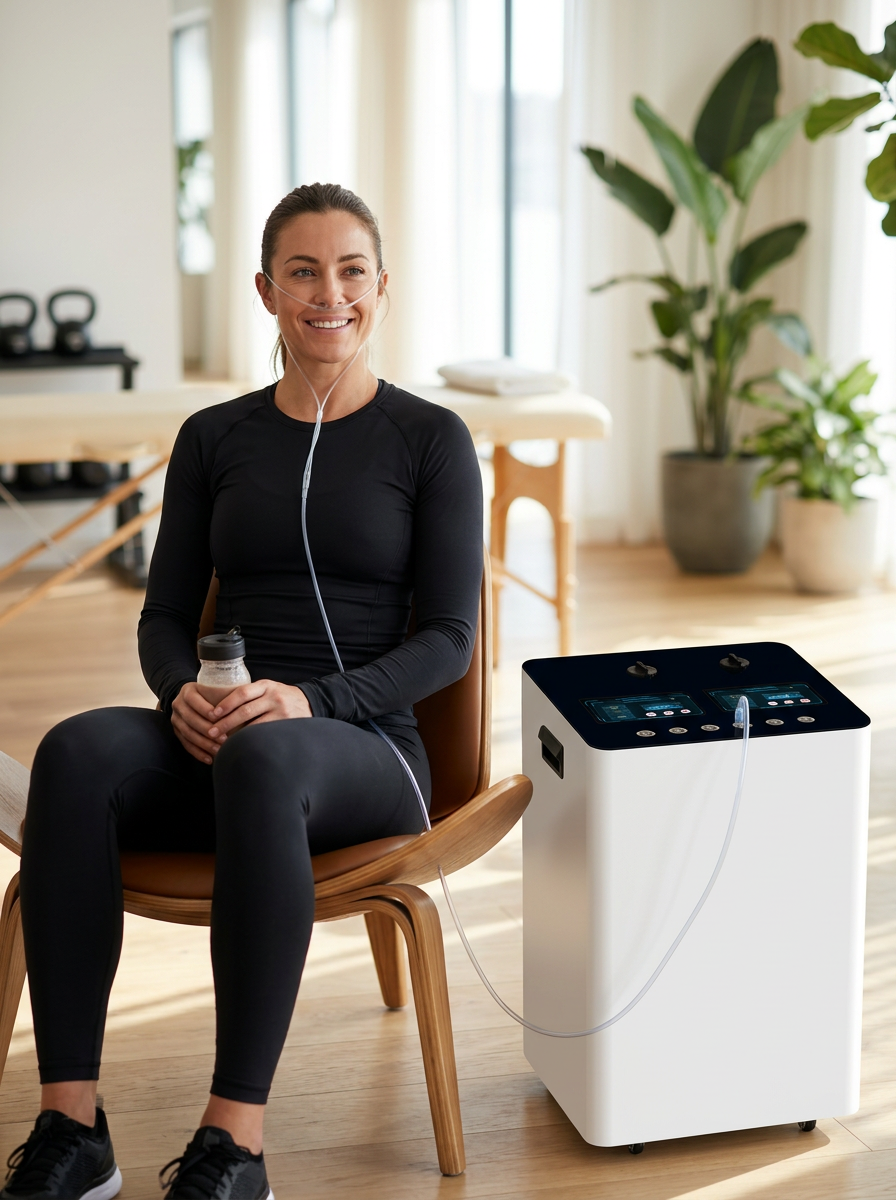 Female athlete in recovery environment using hydrogen inhalation