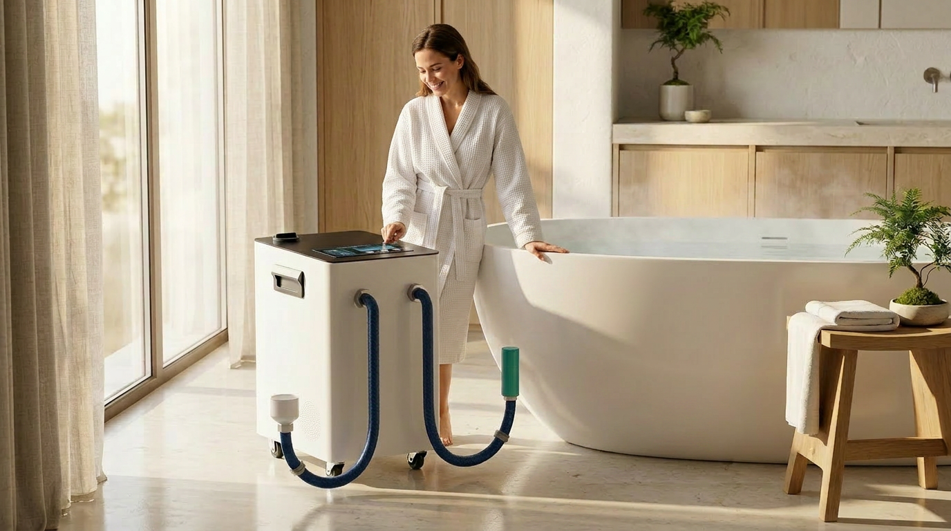 A warm, softly lit bathroom with the Bath One™ system beside a freestanding tub.
