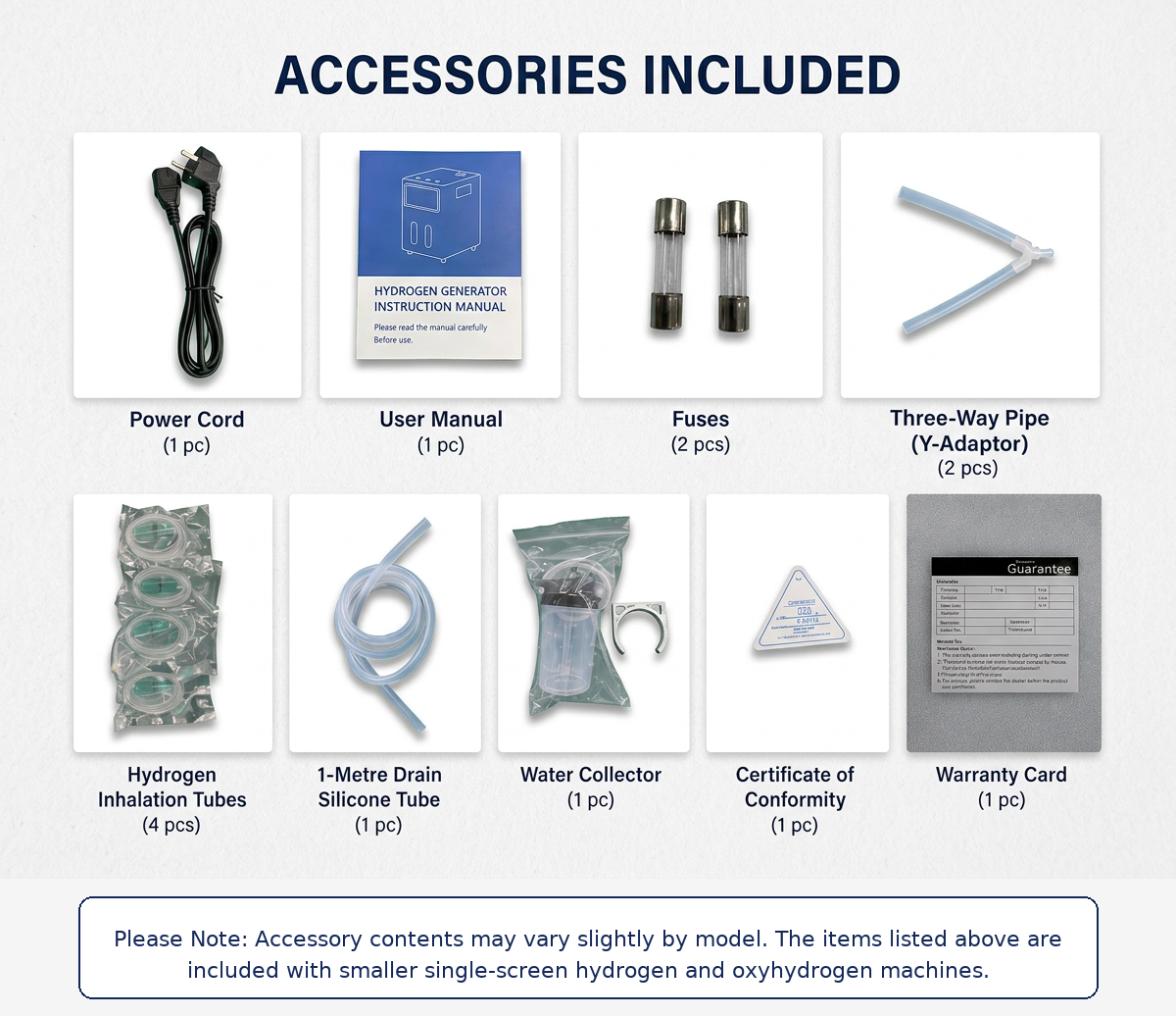 Accessories included with QY-F series hydrogen inhalation machines: power cord, user manual, fuses, three-way Y-adaptor pipes, hydrogen inhalation tubes, 1-metre drain silicone tube, water collector, certificate of conformity, and warranty card.