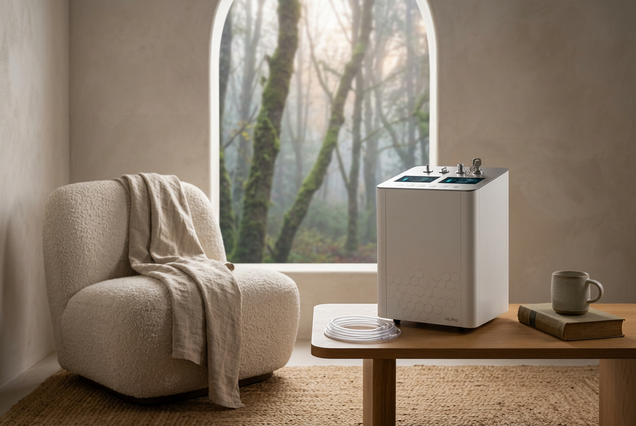 H6 Pro™ hydrogen breathing device beside a lounge chair in a serene reading nook