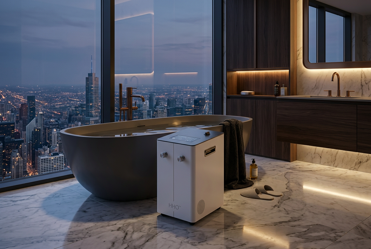 Bath One™ luxury hydrogen bath beside a sculpted bath in a penthouse with city skyline